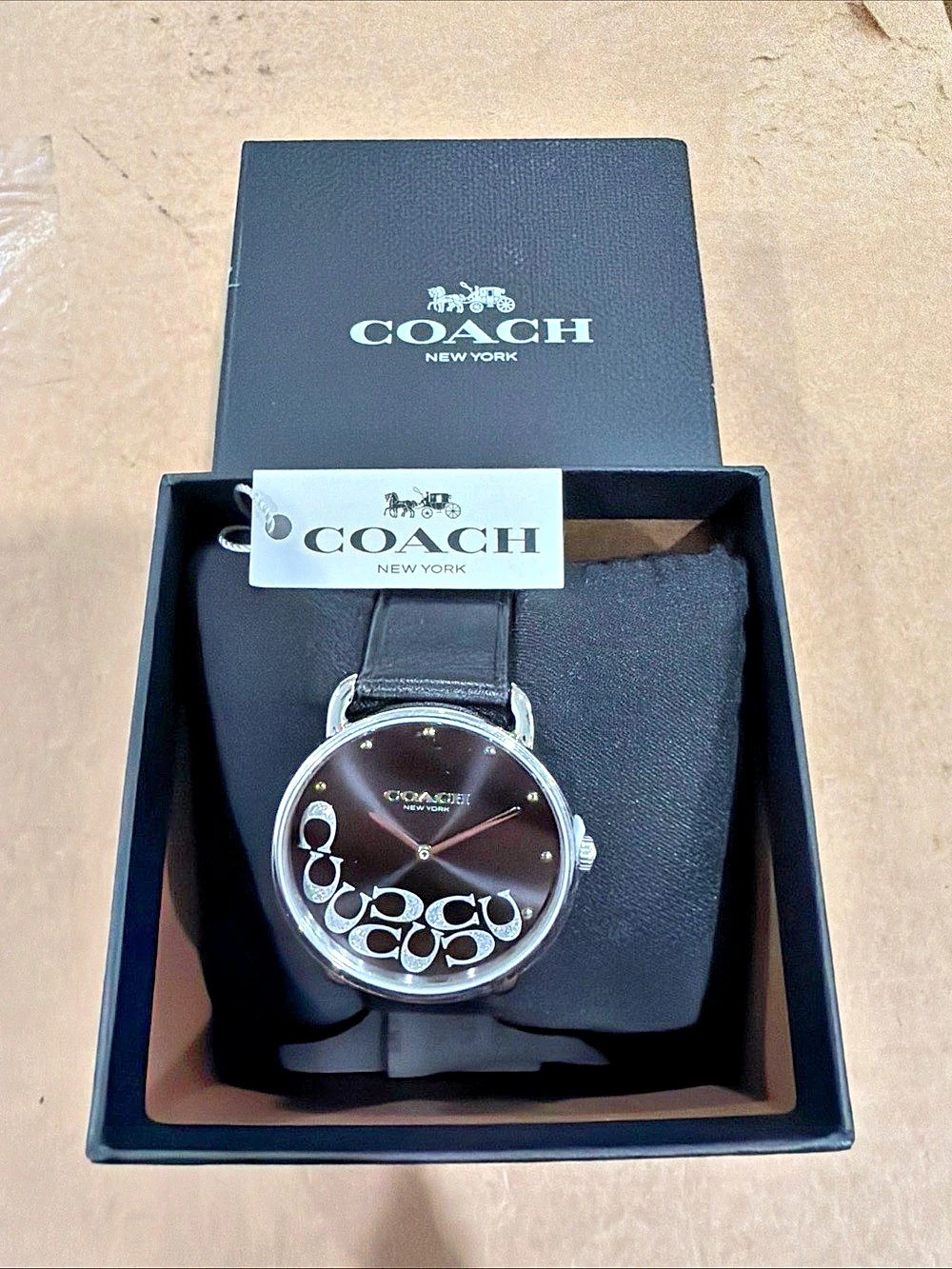 Coach New York Women's Quartz Analog Black Dial Gold Case Leather Strap NWT